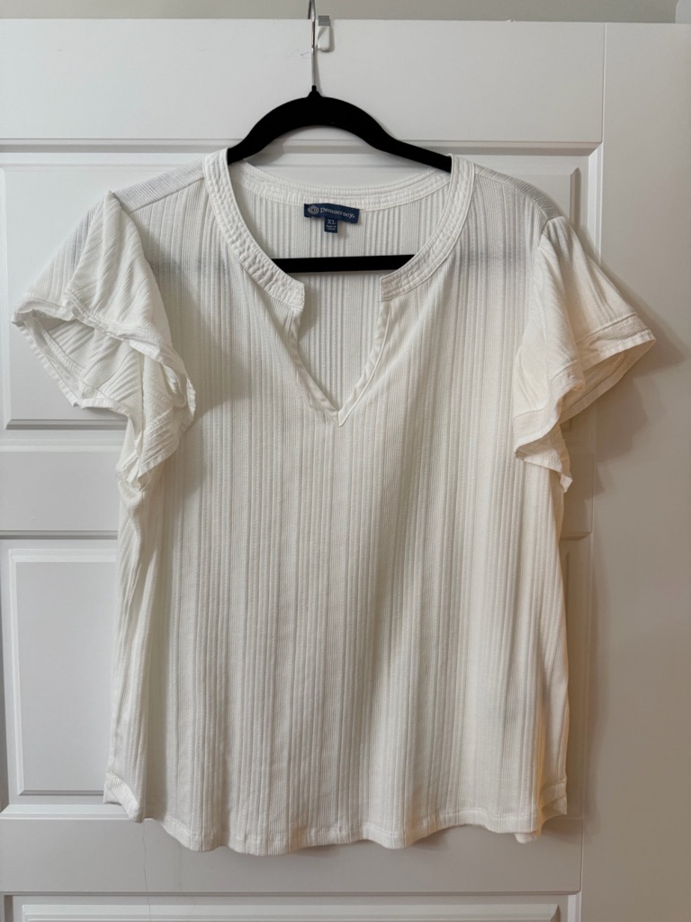Democracy White V-Neck Textured Flutter Sleeve Top